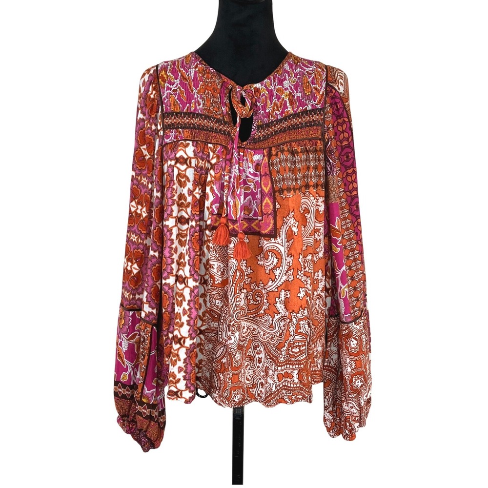 Olivaceous Mix Print Patchwork Peasant Blouse Pink Orange‎ Medium Boho Festival